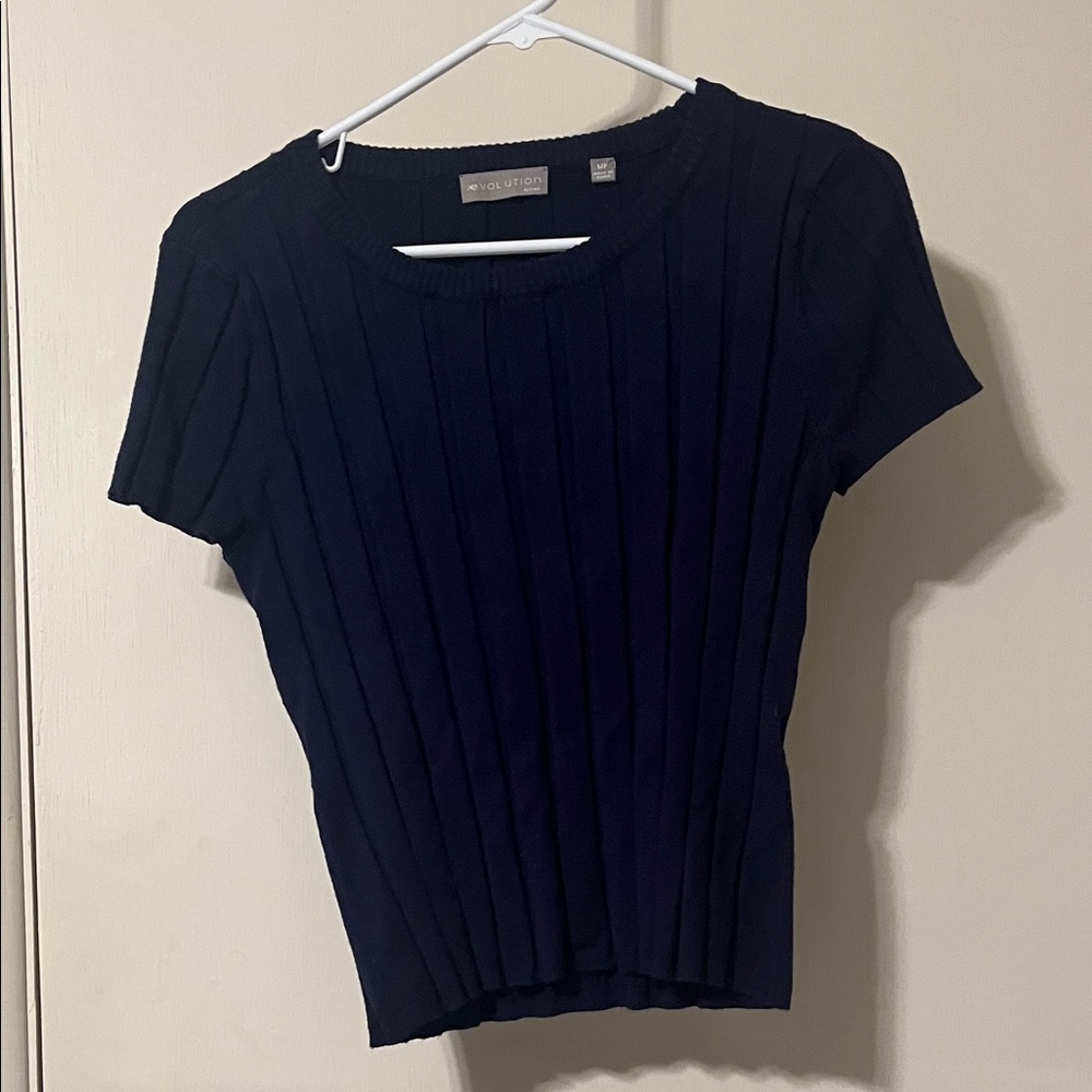 Cyrus Dark Blue Ribbed Short Sleeve Top